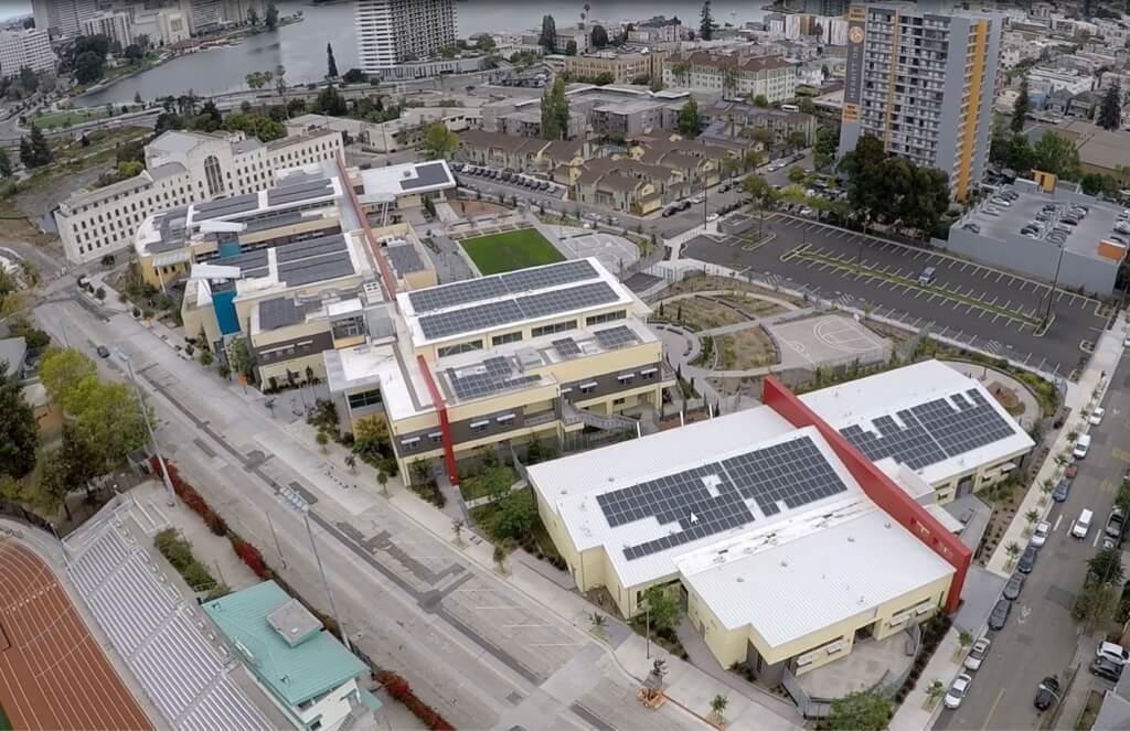 Oakland Unified School roof, almost completely covered with solar panels