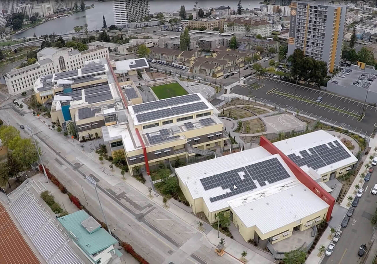 Oakland Unified School roof, almost completely covered with solar panels